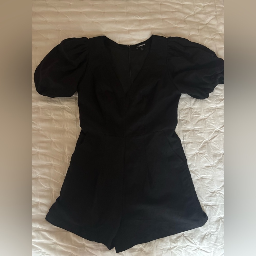 Express Black Puff Sleeve Linen Blend Romper